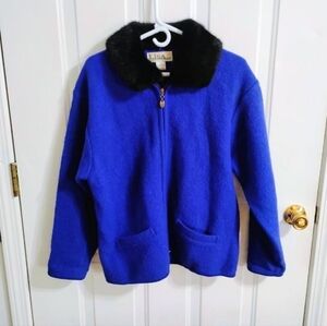 Lisa International Vintage Blue Wool Coat with Black Faux Fur Collar Size XL